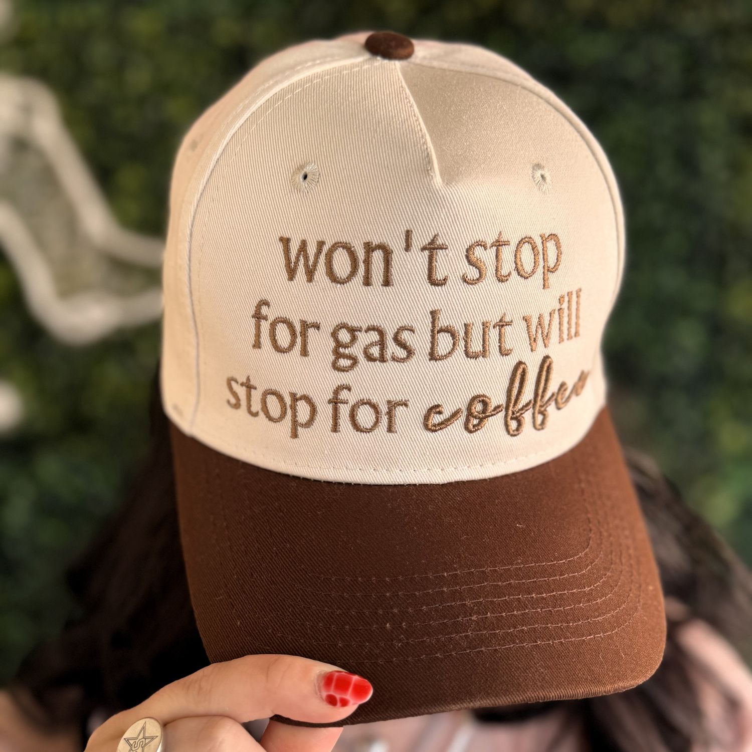 Won’T Stop For Gas Will For Coffee Embroidered Trucker Hat