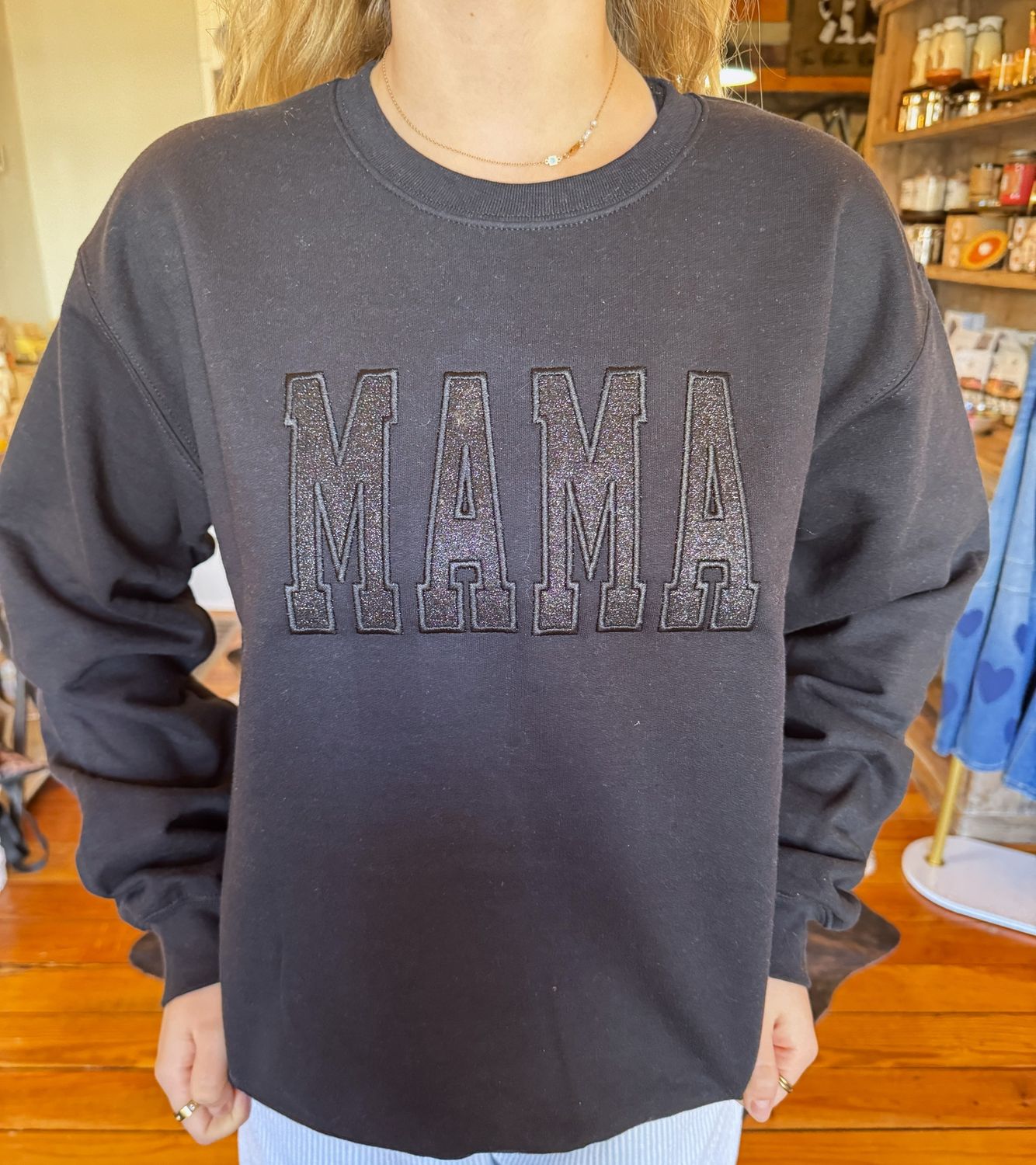 Mama Embroidered Glitter Crewneck, Size: Small
