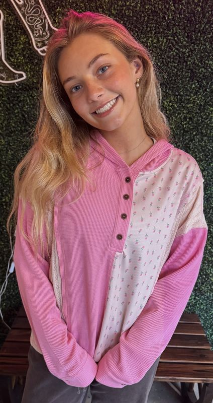 Texture Waffle Floral Patched Hooded Oversize Pullover