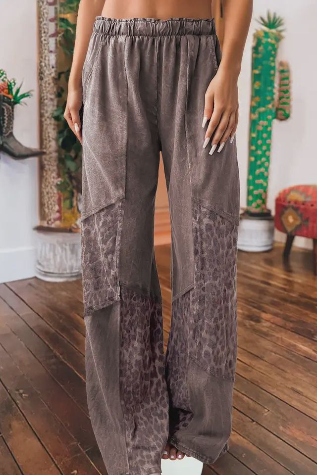 Fashion Western Mineral Wash Leopard Patchwork Loose Pants, Size: Small