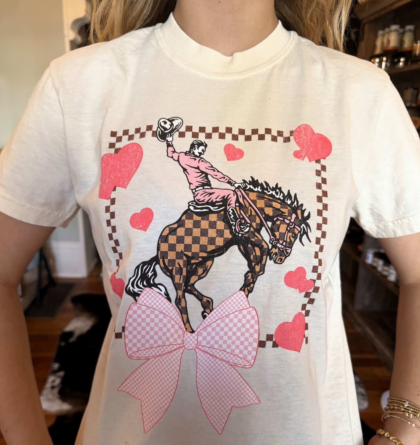Checkered Cowboy Valentines Graphic Tee - Ivory, Size: Small