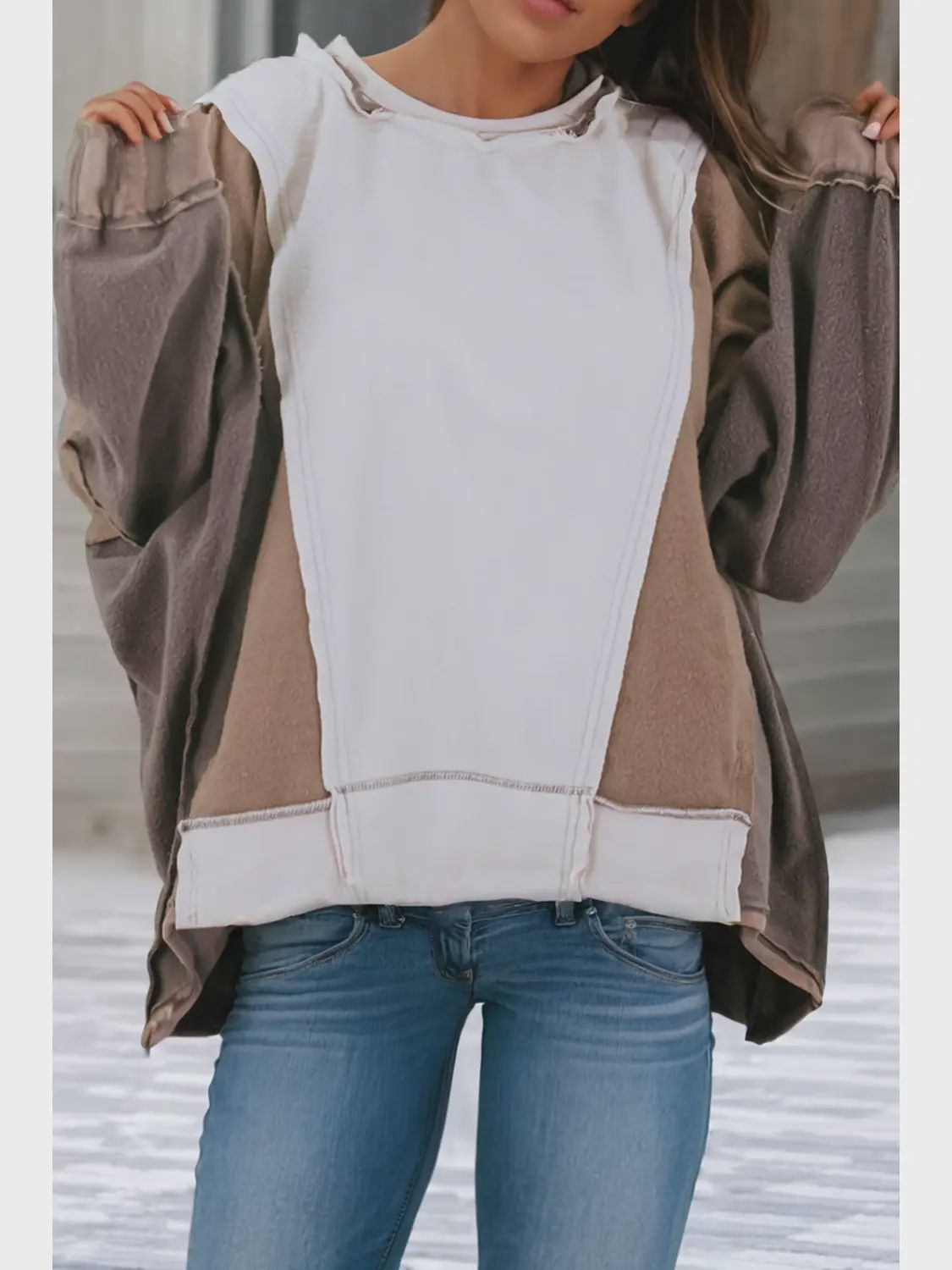 Ldc Plus Size Exposed Seam Colorblock Patchwork Sweatshirt, Size: 1X-Large