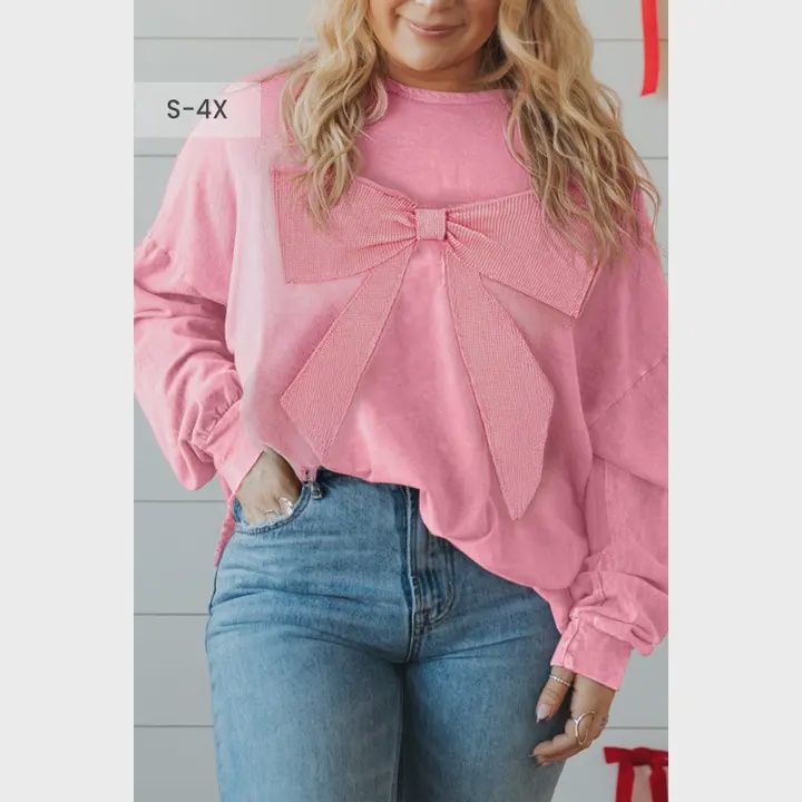 Mineral Wash Bow Patchwork Waffle Plus Sweatshirt, Size: 1X-Large