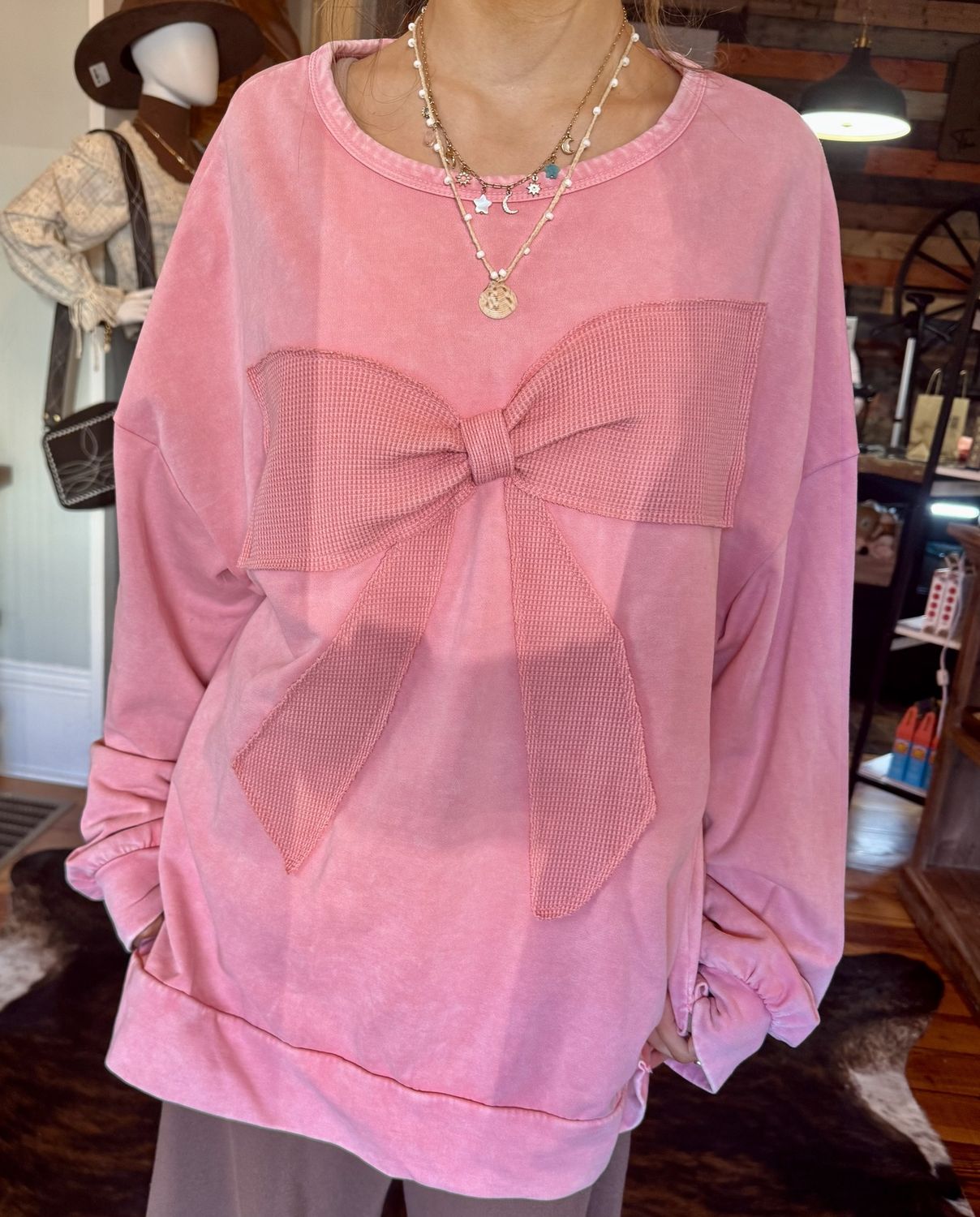 Mineral Wash Bow Patchwork Waffle Plus Sweatshirt, Size: 1X-Large