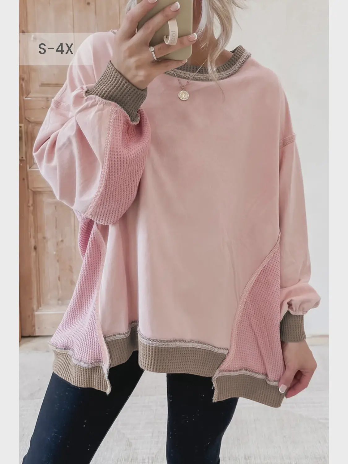 66 Texture Waffle Patchwork Oversize Sweatshirt, Size: Small
