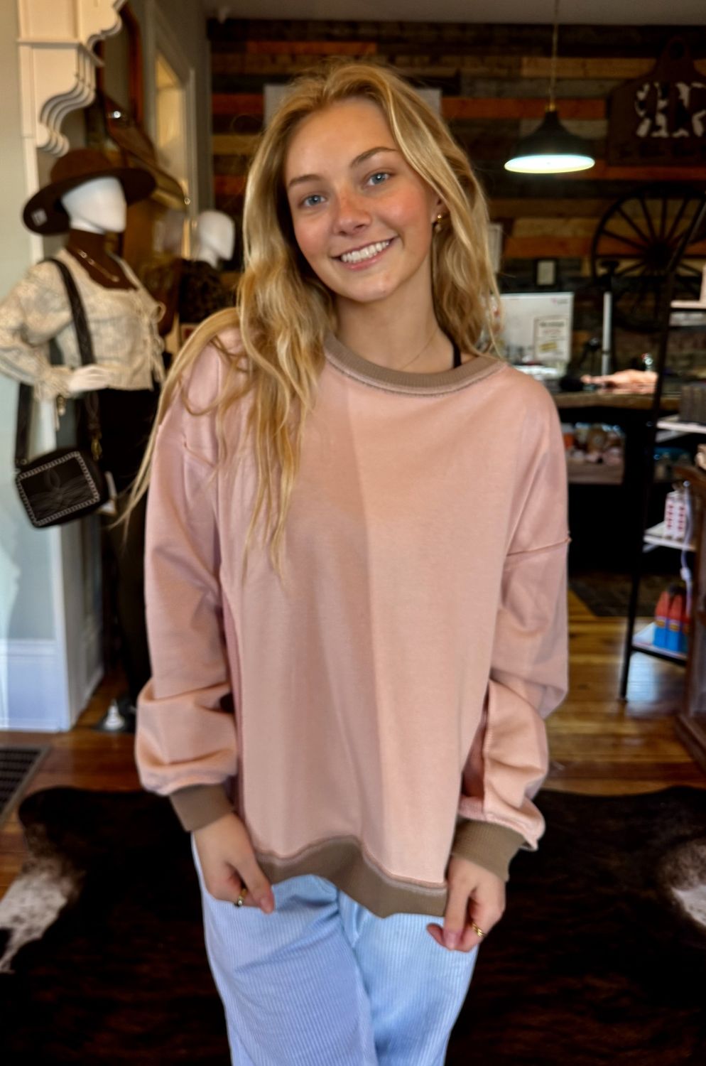 66 Texture Waffle Patchwork Oversize Sweatshirt, Size: Small