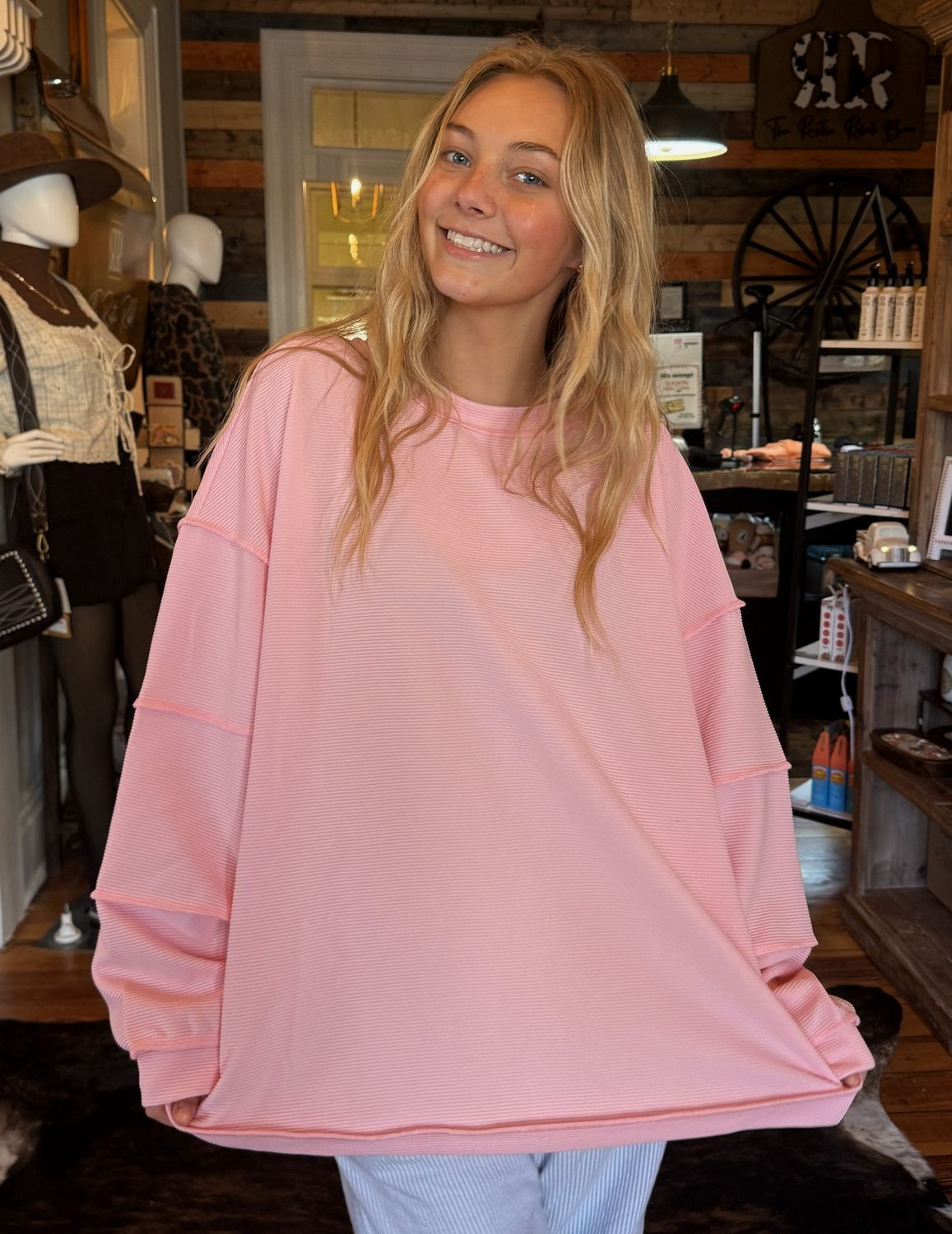 Drop Shoulder Long Sleeve Plus Size Ribbed Top, Size: 1X-Large