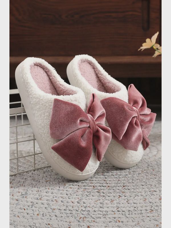 Glister Ribbon Bow Decor Contrast Liner Plush Slippers Gifts