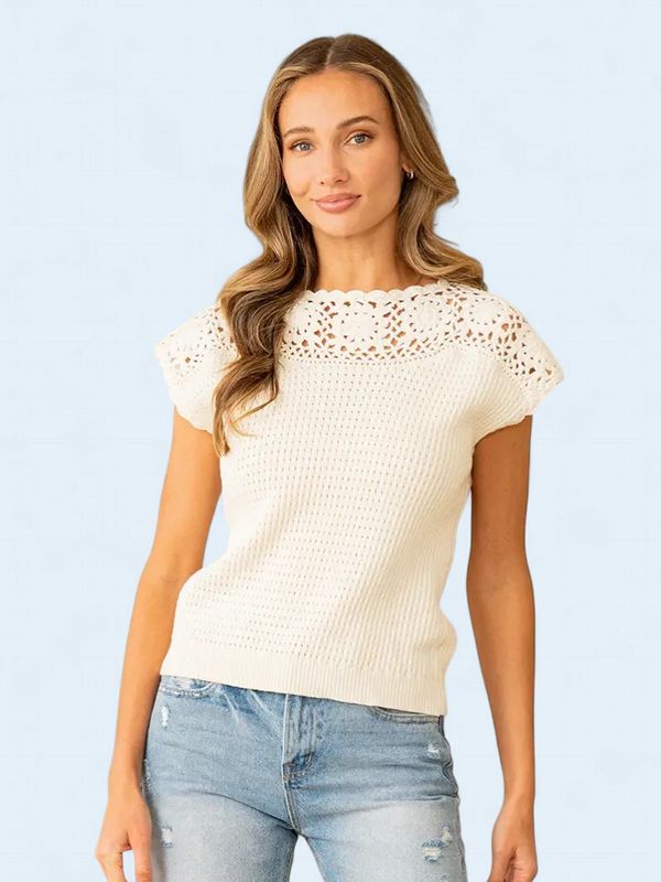 Relaxed Fit Crochet Scalloped Knit Top