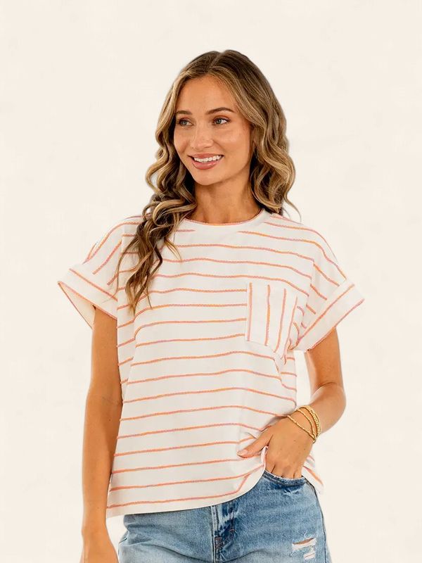 Plus Cuff Sleeves Striped Top with Chest Pocket