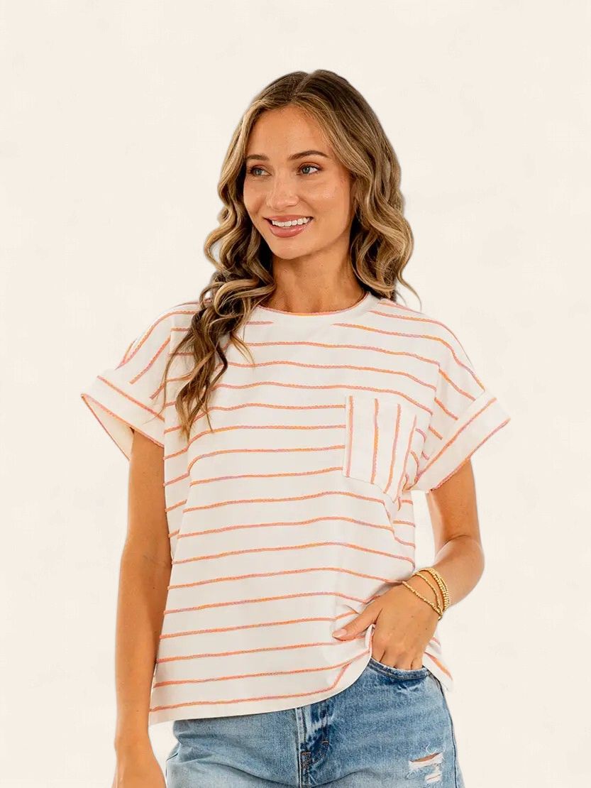 Plus Cuff Sleeves Striped Top with Chest Pocket, Size: 1X-Large