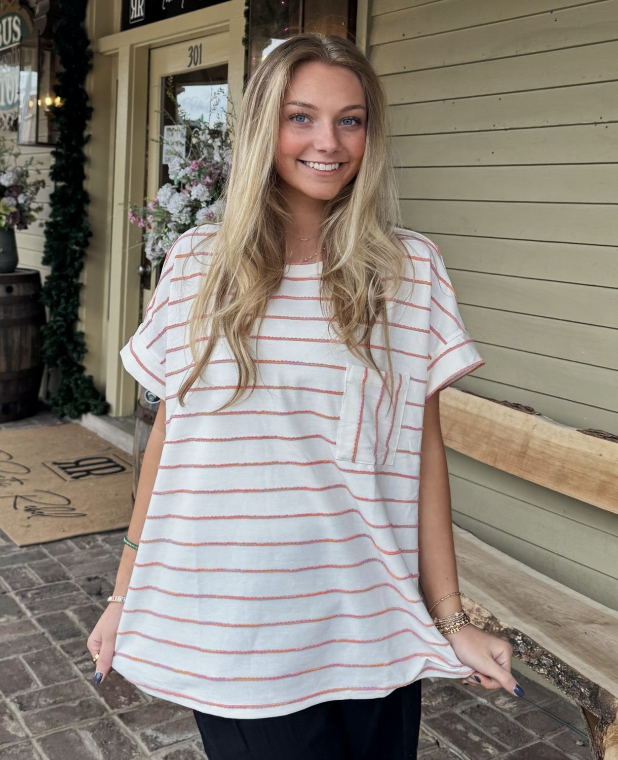 Plus Cuff Sleeves Striped Top with Chest Pocket, Size: 1X-Large