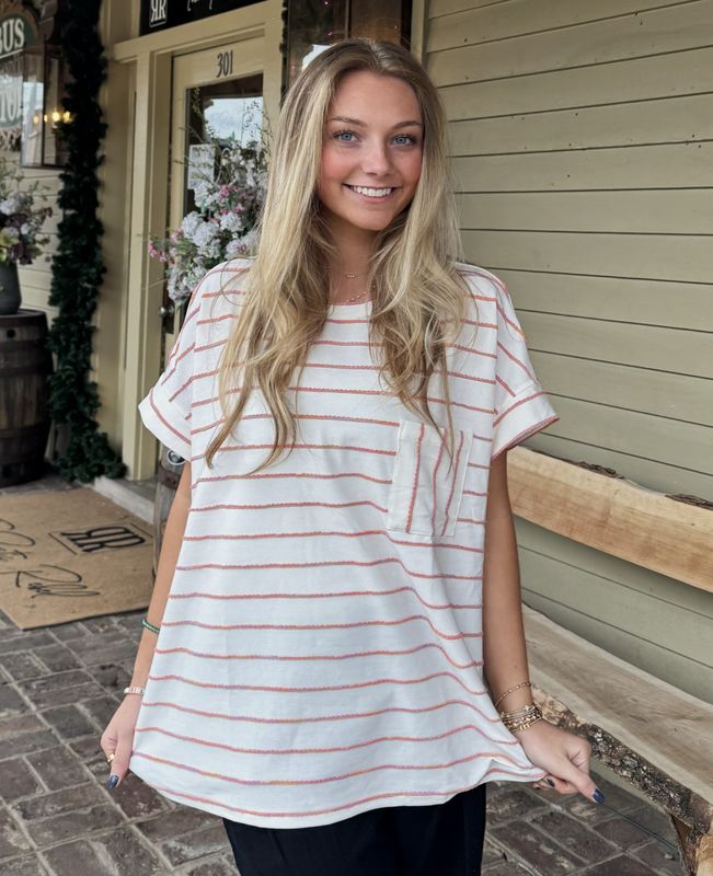 Plus Cuff Sleeves Striped Top with Chest Pocket