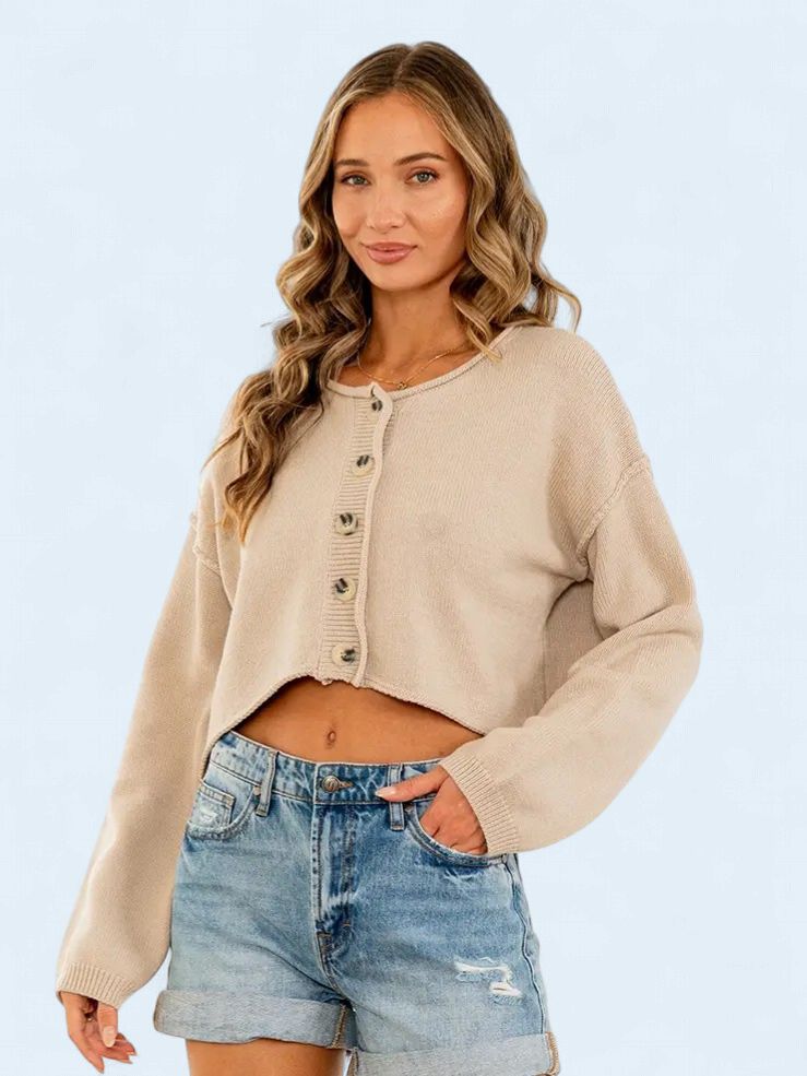 Relaxed Fit Button Front Cropped Top, Size: Small