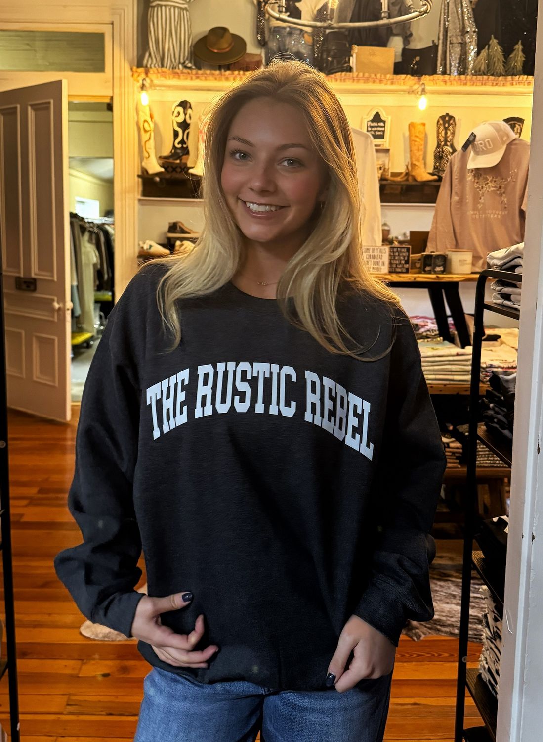 Custom Logo Crew "THE RUSTIC REBEL", Color: Dark Heather, Size: Small