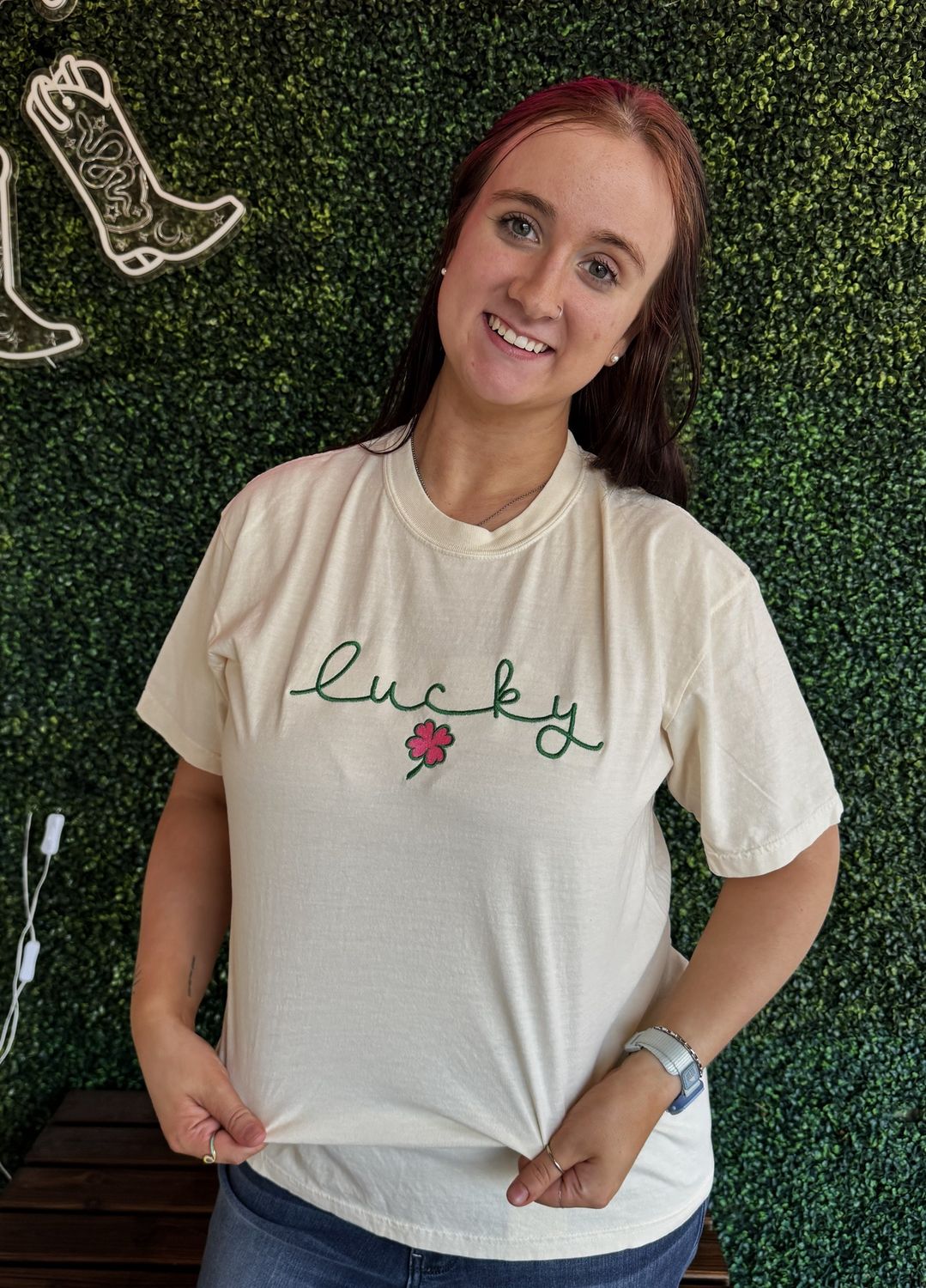 St. Patrick’S Day Shamrock and "Lucky" Embroidered Tee, Size: Small