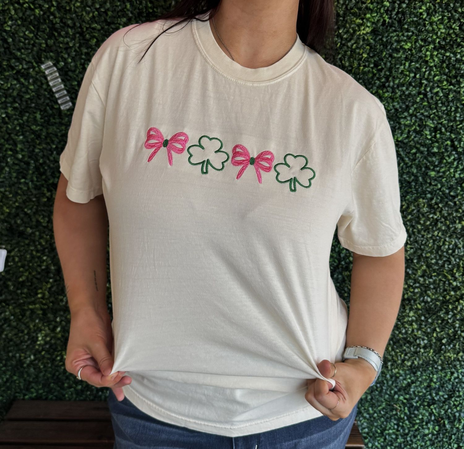 St. Patrick’s light Day Shamrock and Bows Embroidered Tee, Size: Small