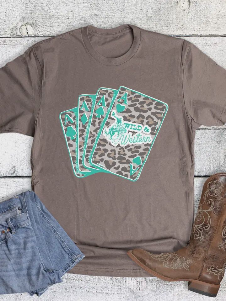 Western Leopard Playing Cards Graphic Tee, Size: Small