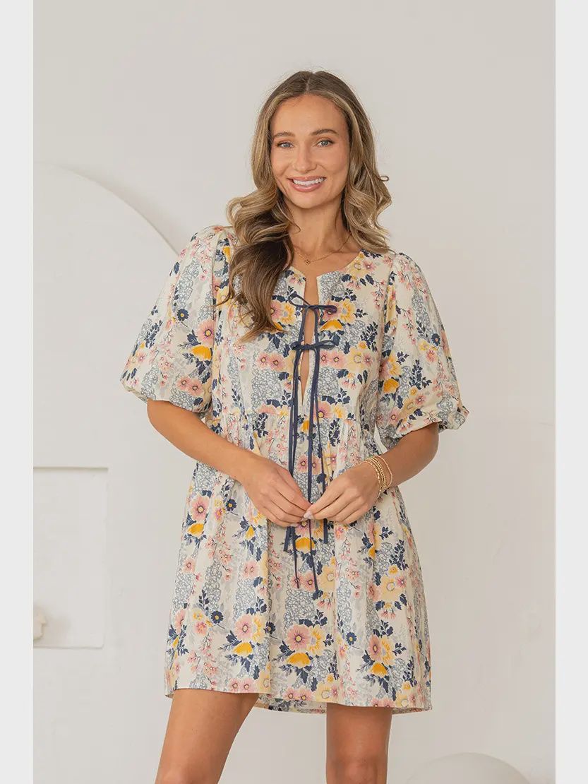 Plus Relaxed Fit Floral Lace Up Puff Sleeves Dress, Size: 1X-Large