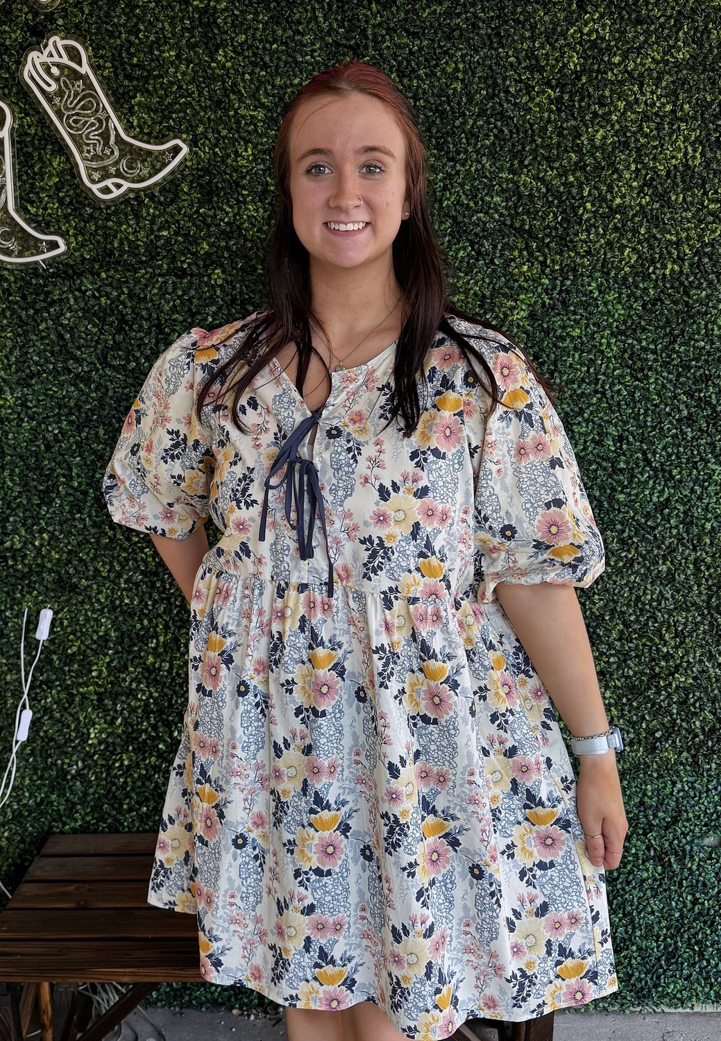 Plus Relaxed Fit Floral Lace Up Puff Sleeves Dress, Size: 1X-Large