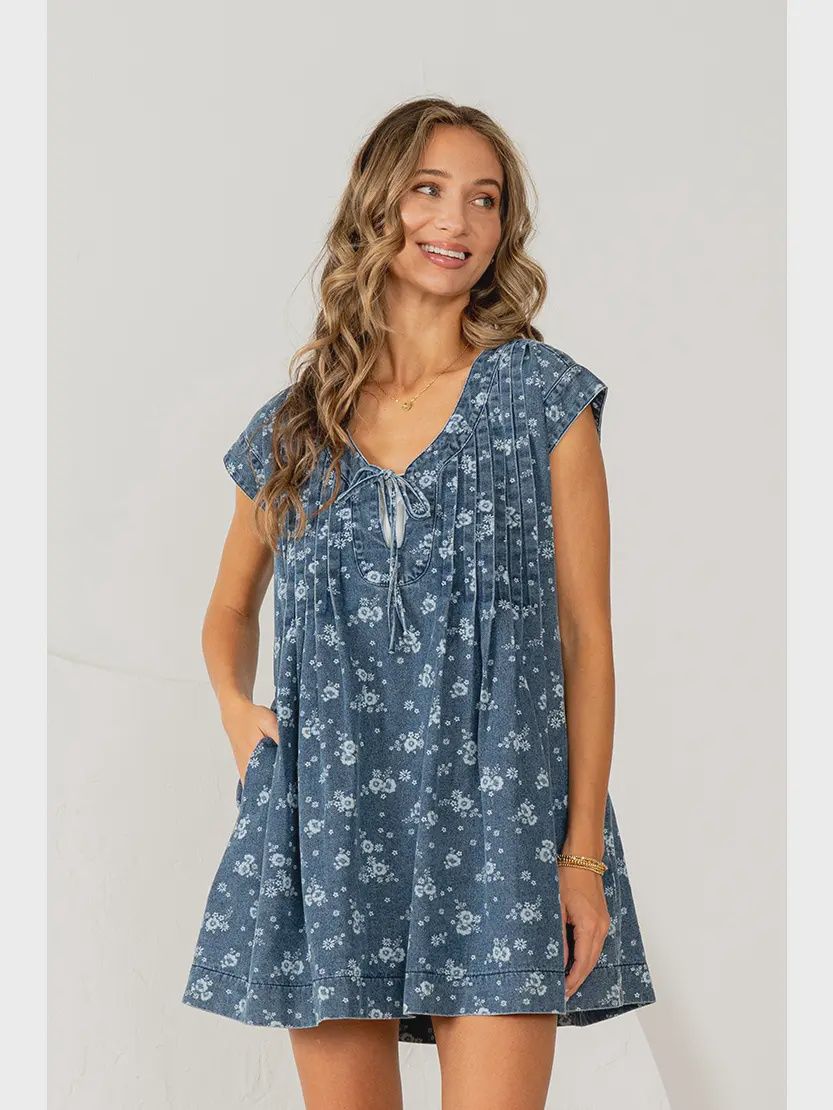 Relaxed Fit Floral Denim Pintuck Dress, Size: Small