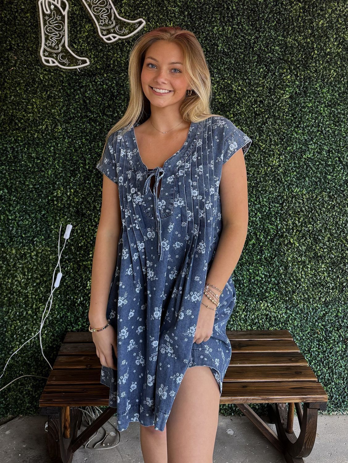 Relaxed Fit Floral Denim Pintuck Dress, Size: Small