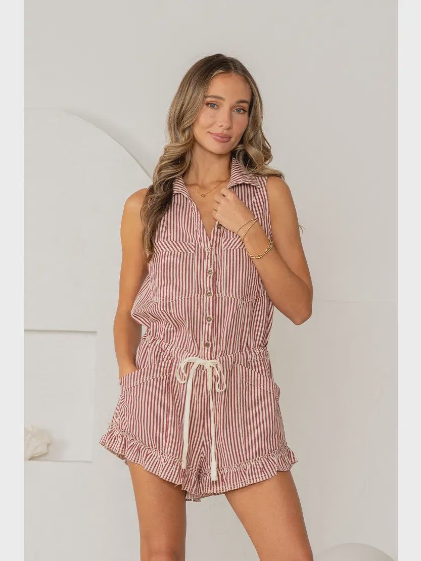 Relaxed Fit Sleeveless Button Front Striped Romper, Size: Small