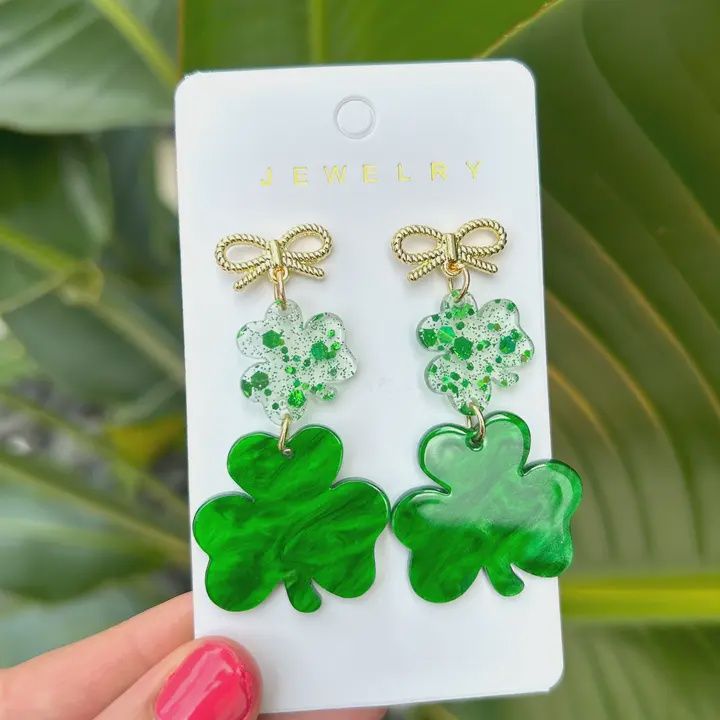 Glitzy Gold Bow Shamrock St. Patricks Day Earrings
