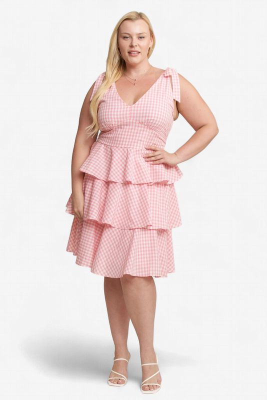 Plus Size Gingham Tiered Mini Dress