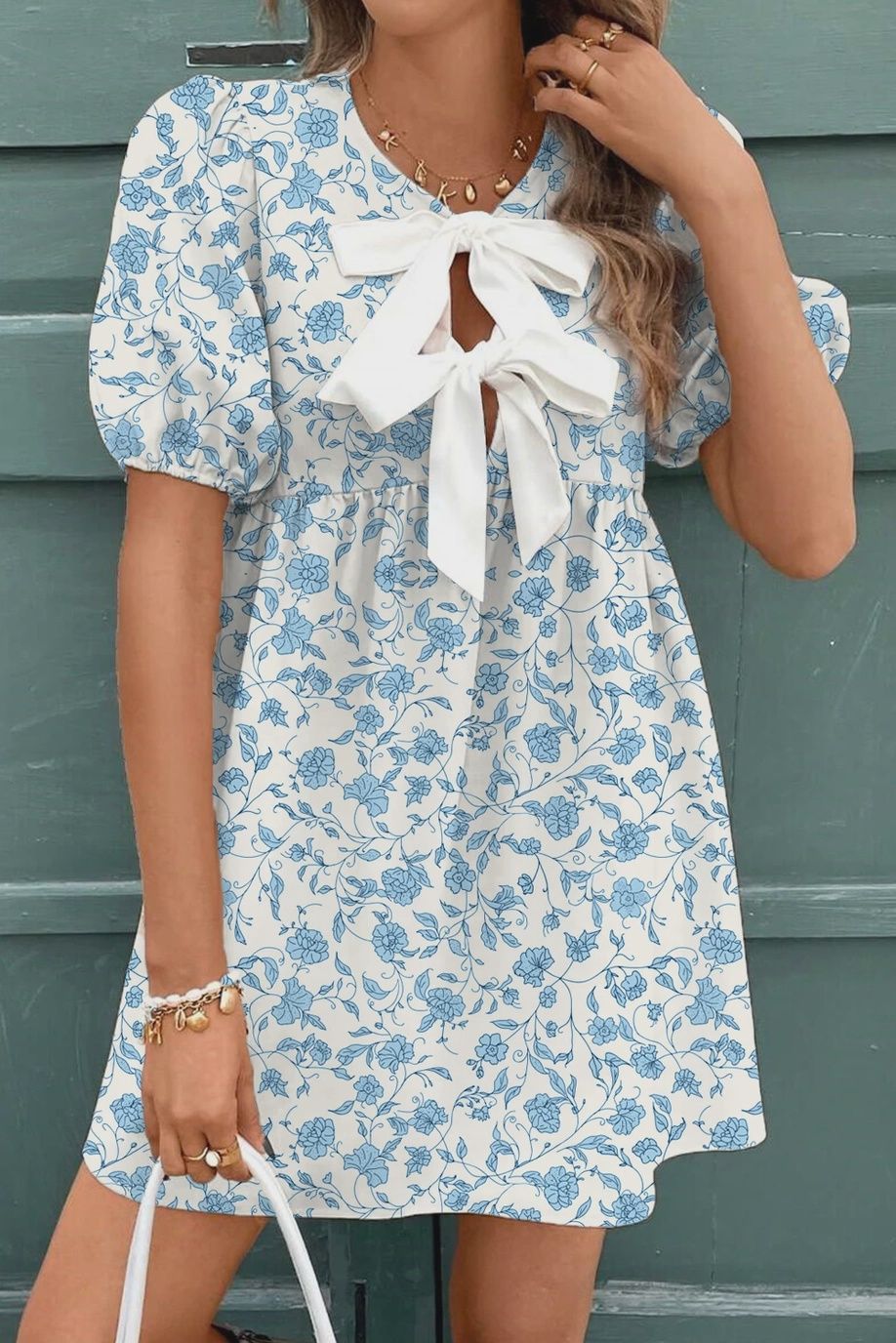 Sky Blue Floral Contrast Bow Puff Sleeve Mini Dress, Size: Small