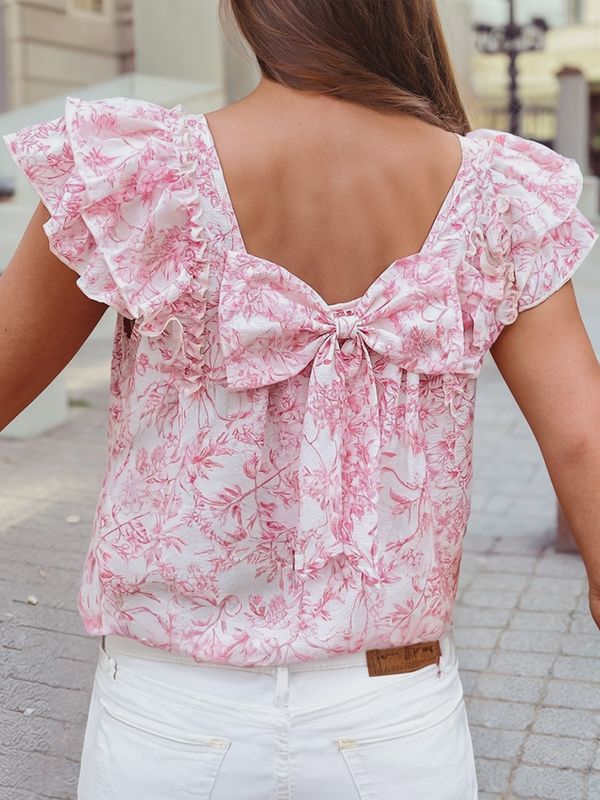 Floral Ruffled Short Sleeve Square Neck Bow Back Blouse