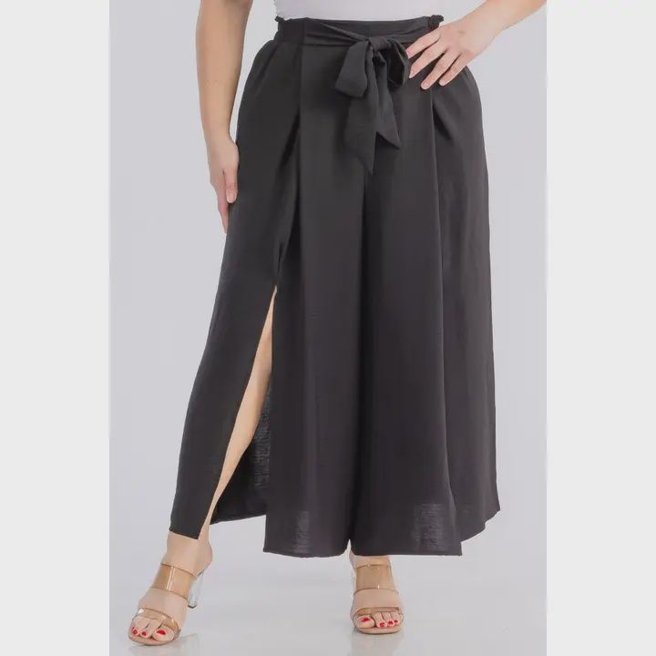 Plus Size Tie Belt Slit Front Wide Leg Pants, Color: Black, Size: 1X-Large