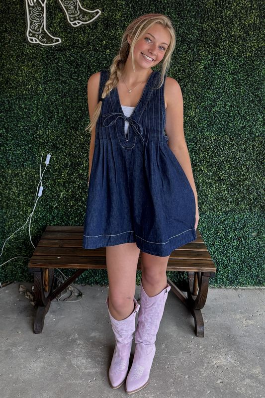 Pleated Sleeveless V neck Denim Romper