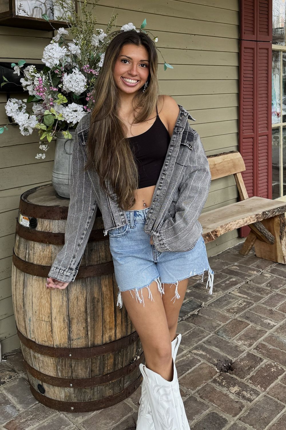 Stripe Rhinestone Distressed Color Denim Jacket, Color: Dark Wash, Size: Small