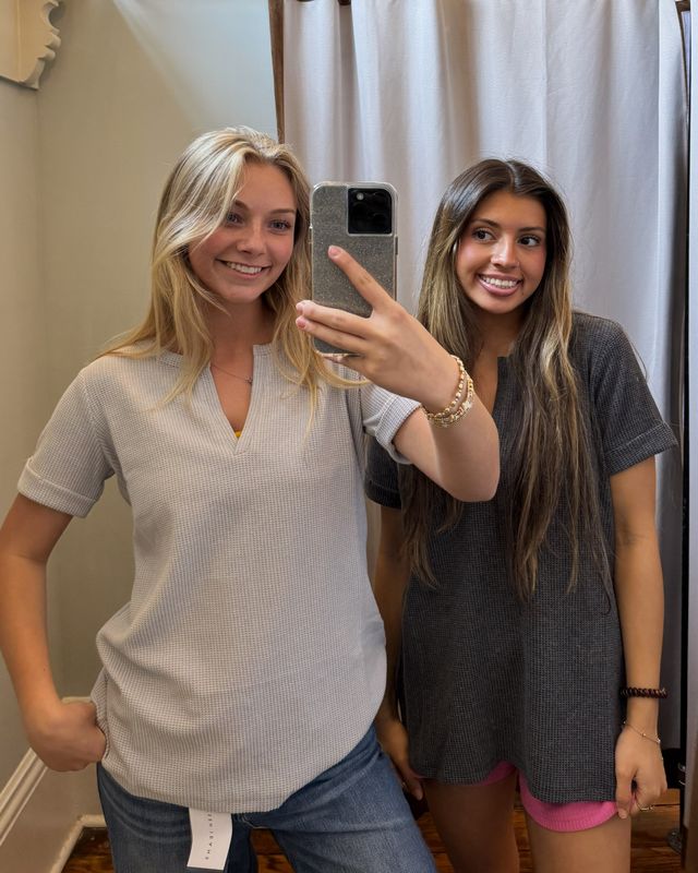 Waffle knit V-neck relaxed top