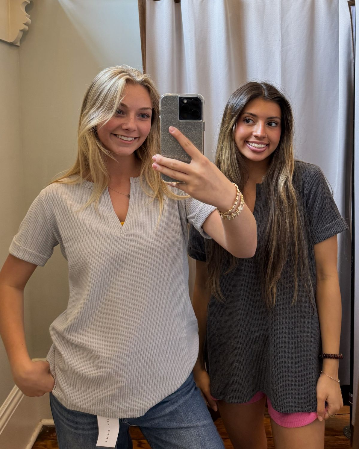 Waffle knit V-neck relaxed top, Color: Dark Grey, Size: Small