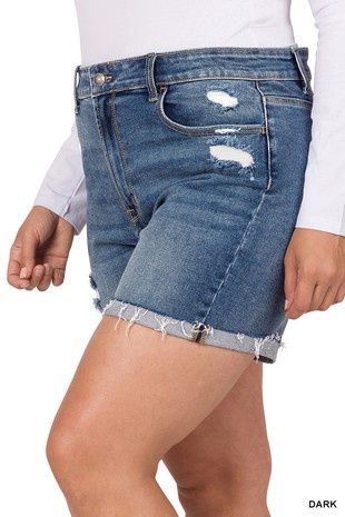 Plus Distressed Cuffed Raw Hem Denim Shorts, Size: 1X-Large
