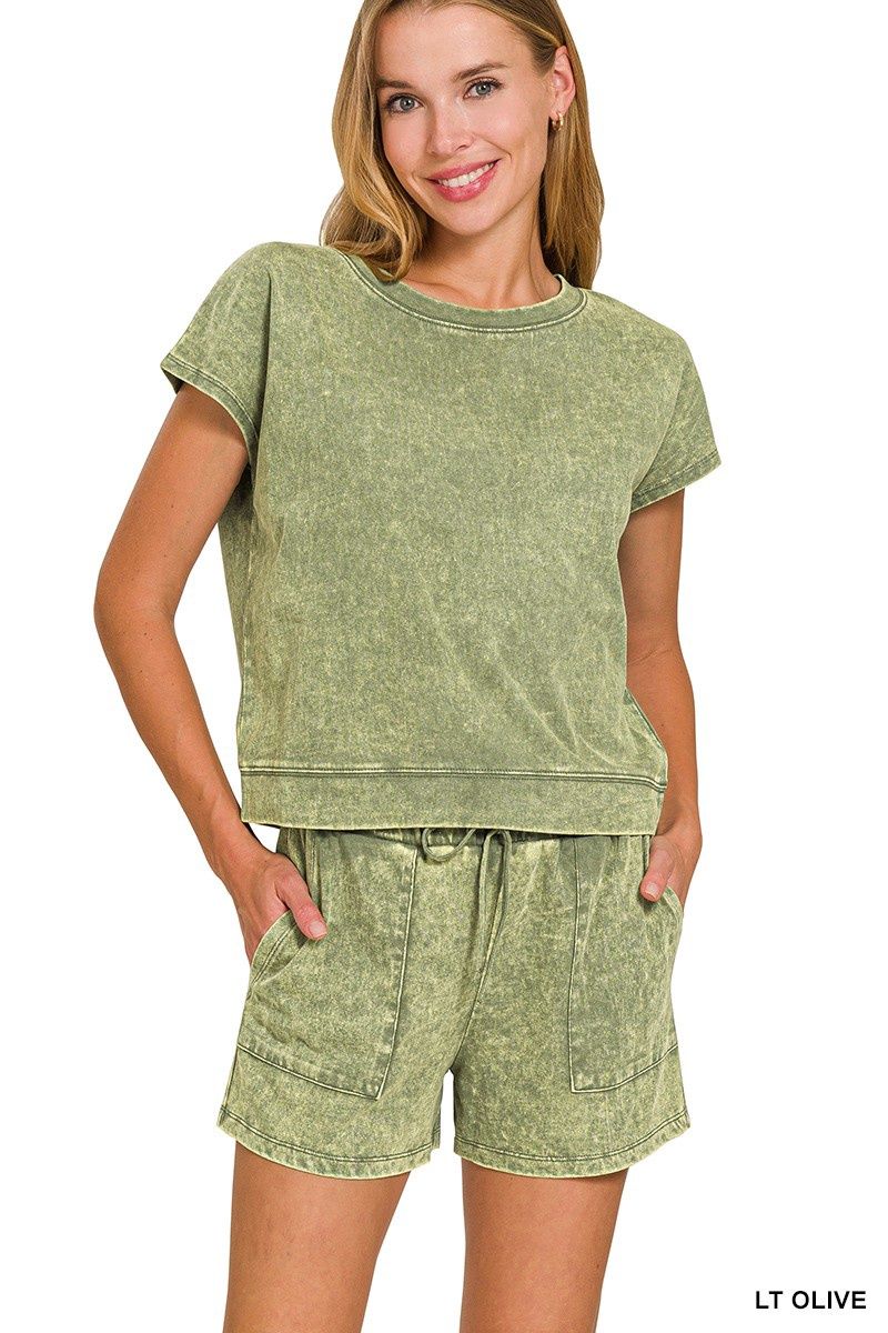 Premium Cotton Washed Sleeveless Top &amp; Shorts Set, Color: LT Olive, Size: Small