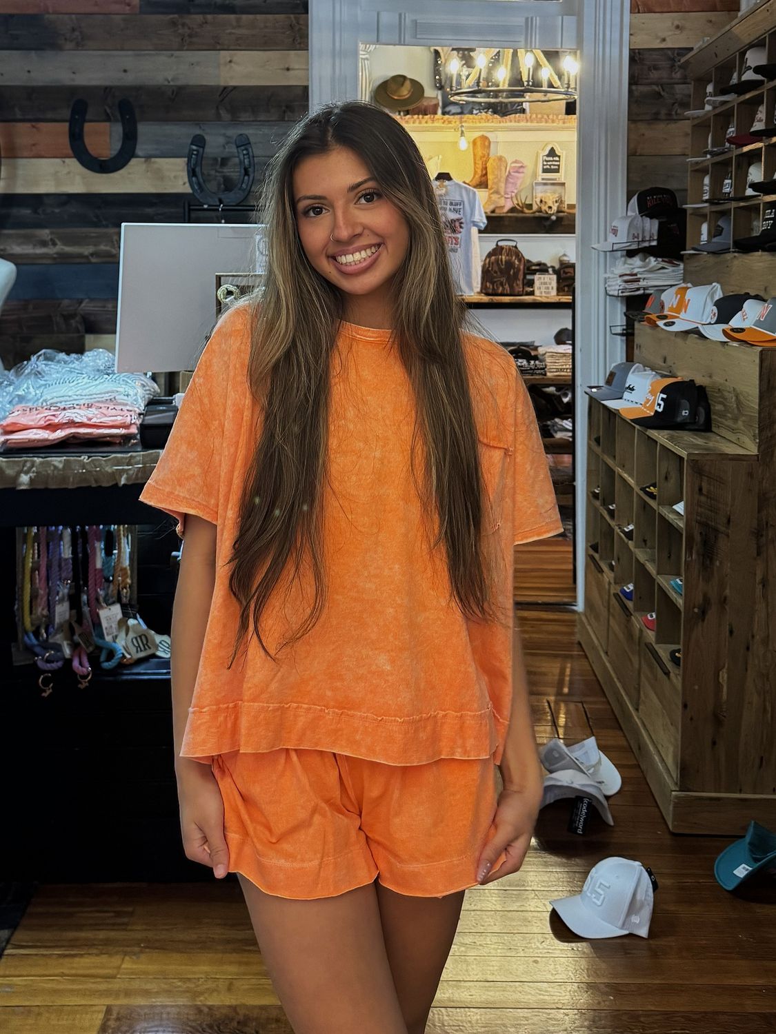 Halo Snow Washed Boxy Top &amp; Shorts Set, Color: Orange, Size: Small