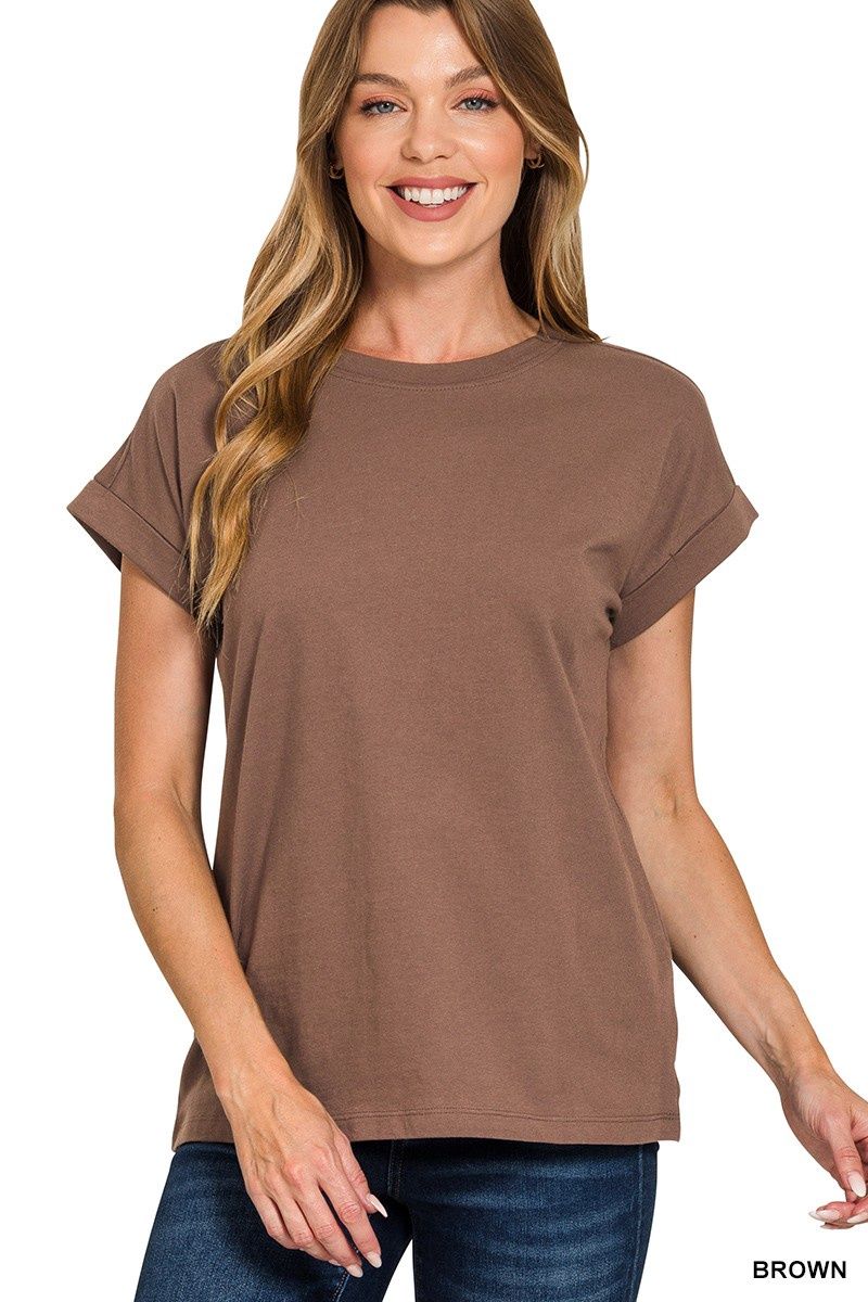 Cotton Folded Sleeve T-shirt, Color: Brown, Size: Small