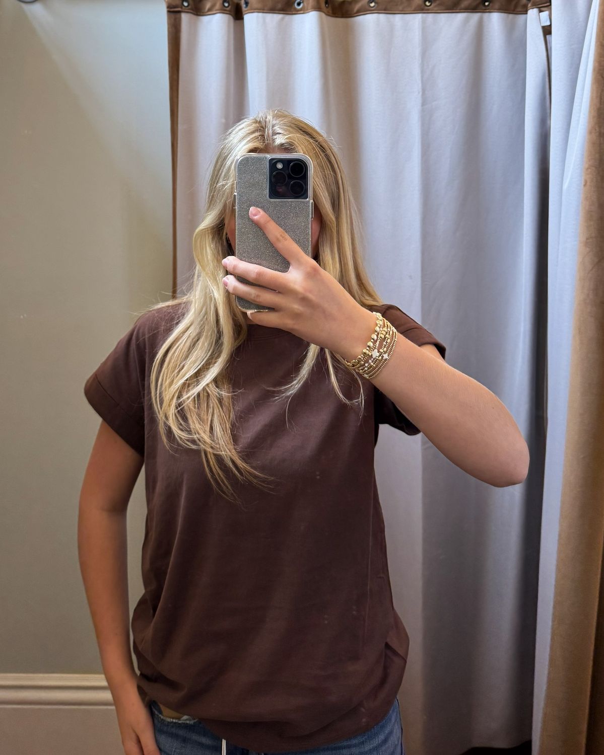 Cotton Folded Sleeve T-shirt, Color: Brown, Size: Small
