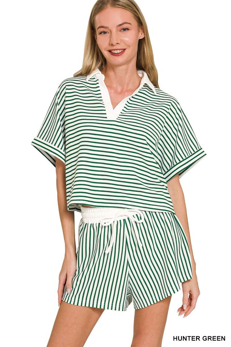 Striped Collared Top &amp; Shorts Set, Color: Hunter Green, Size: Small