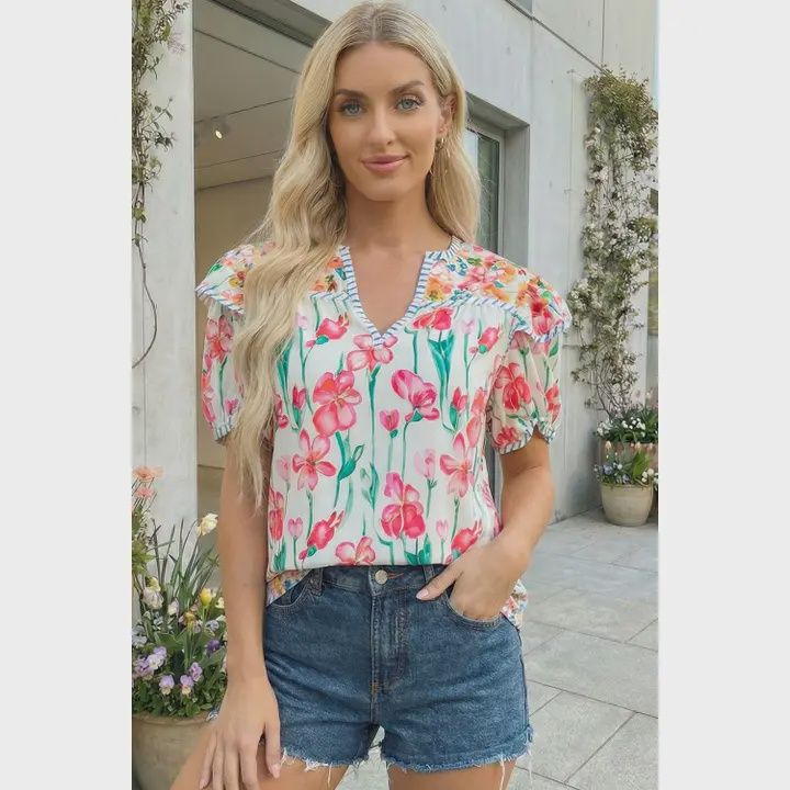 Plus Size Floral Print Striped Trim V Neck Blouse