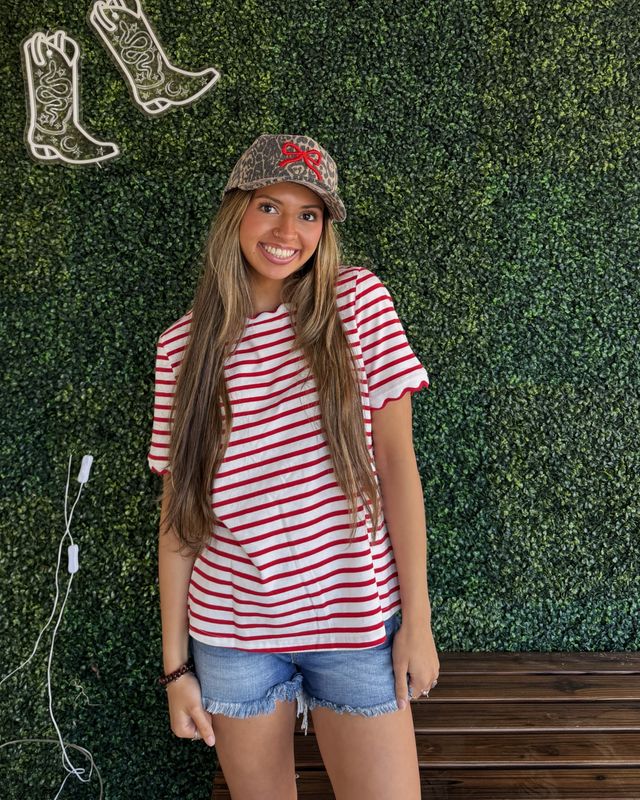 Plus Size Stripe Scalloped Trim Round Neck T Shirt