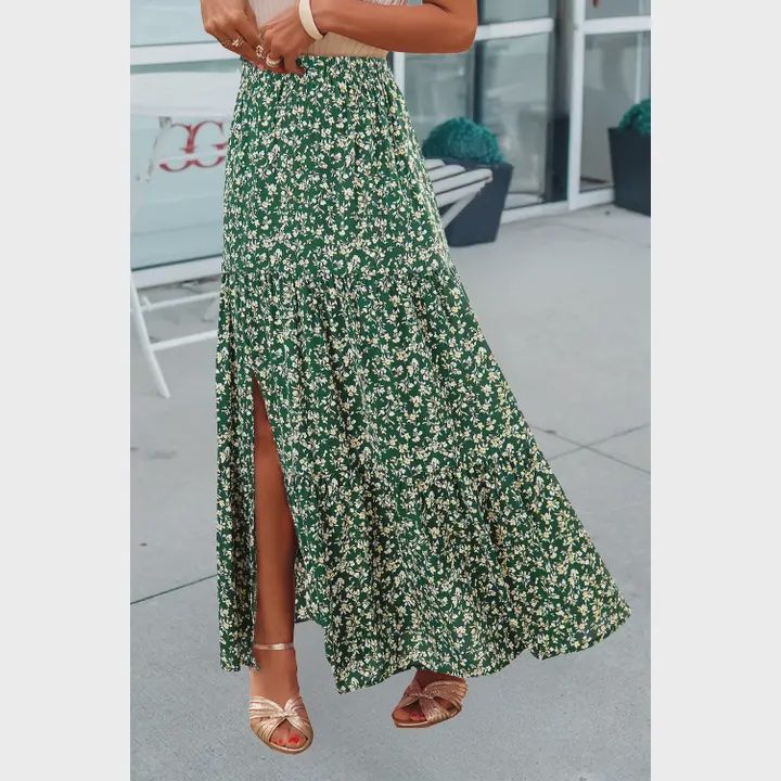 Bohemian Floral Print Tiered Maxi Skirt with Split, Color: Green, Size: Small
