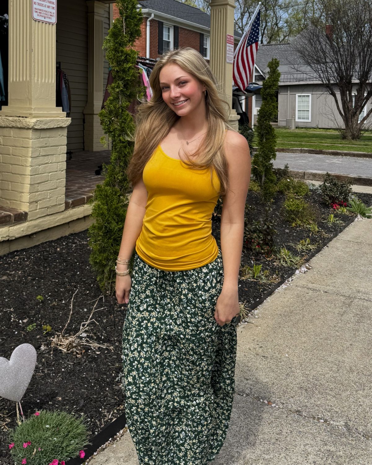 Bohemian Floral Print Tiered Maxi Skirt with Split, Color: Green, Size: Small