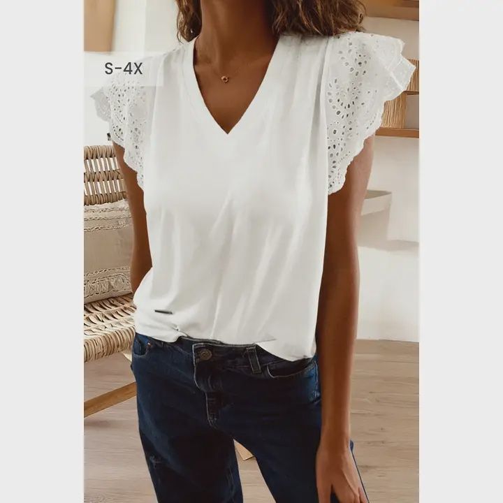 Plus Eyelet Embroidered Flutter Sleeve V Neck Tee, Size: Medium