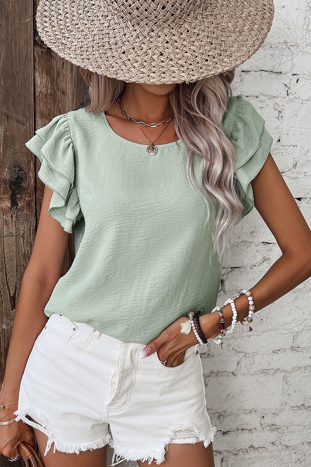 Solid Color Ruffled Short Sleeve Casual Blouse, Size: Small