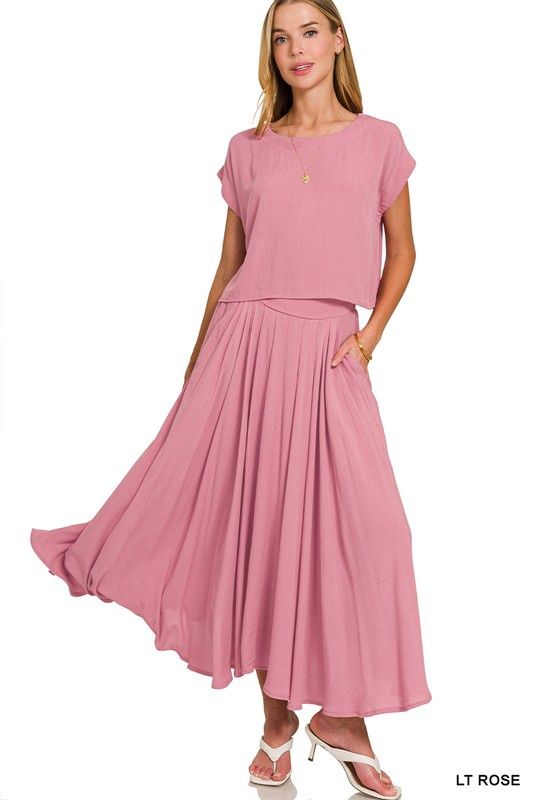 Woven Crinkle Gauze Crop Tee &amp; Skirt Set, Size: Small