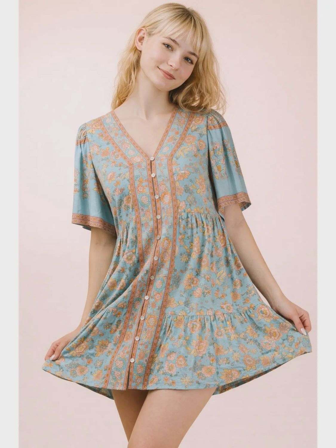 Shirring Detail Printed Woven Mini Dress, Color: Blue Mix, Size: Small